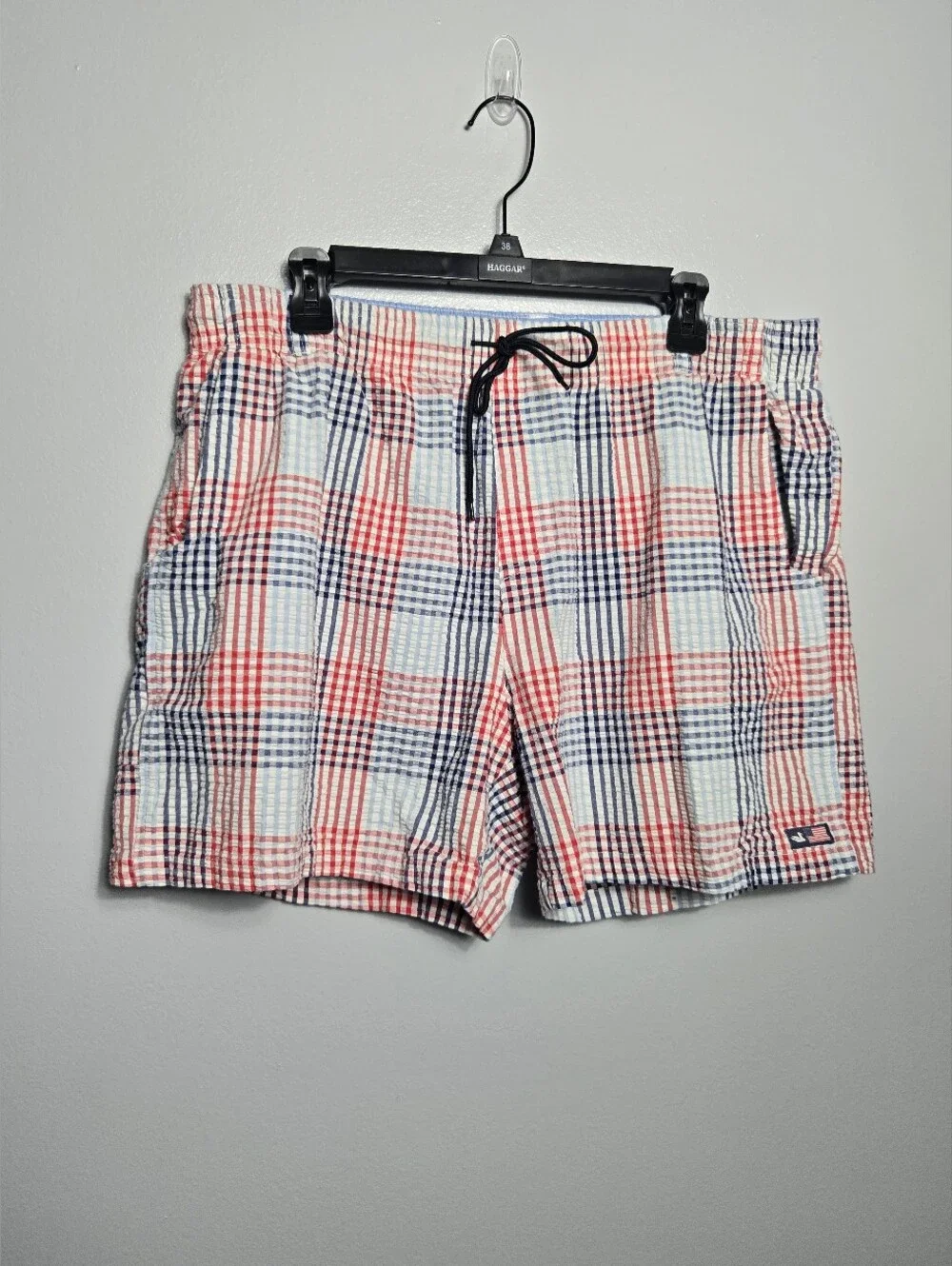 Southern Marsh Mens Seersucker Plaid Swim Trunks Red Blue Mesh Lined Short Large